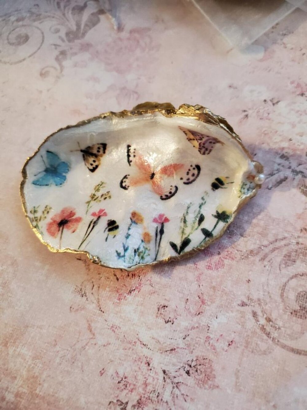 Decoupaged Oyster Shell W/Butterflies and Flowers Gold Leaf Trim, Trinket Dish